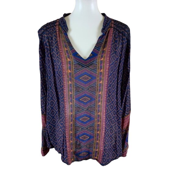 Lucky Brand Boho Aztec Festival Tunic Top V Neck Long Sleeve XL - Picture 1 of 3